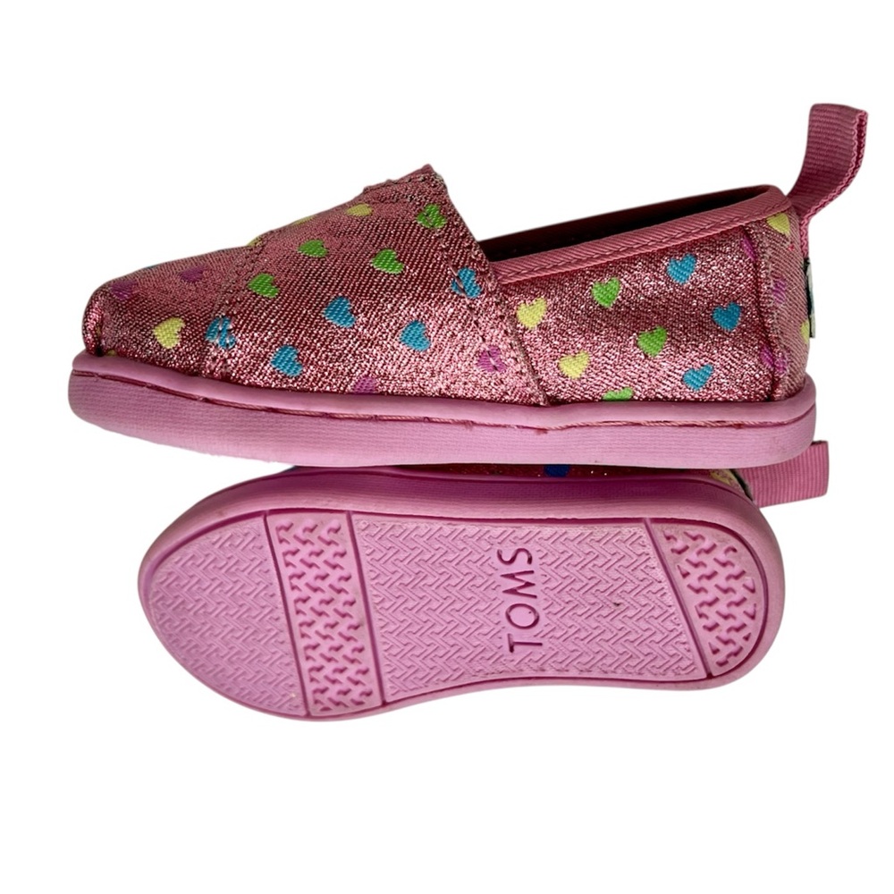 TOMS Kids Pink Slip-On Shoes with Colorful Hearts 5T